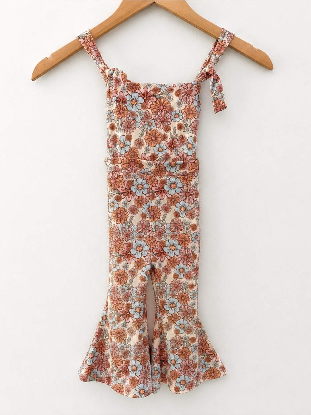 70s Retro Floral Bell Bottom Adjustable Tie Strap Jumpsuit Girls 12-18M Boho